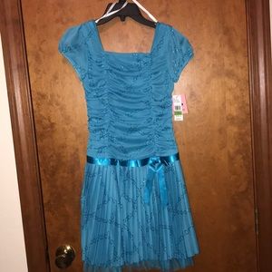 sparkly blue knee length dress, children’s 14